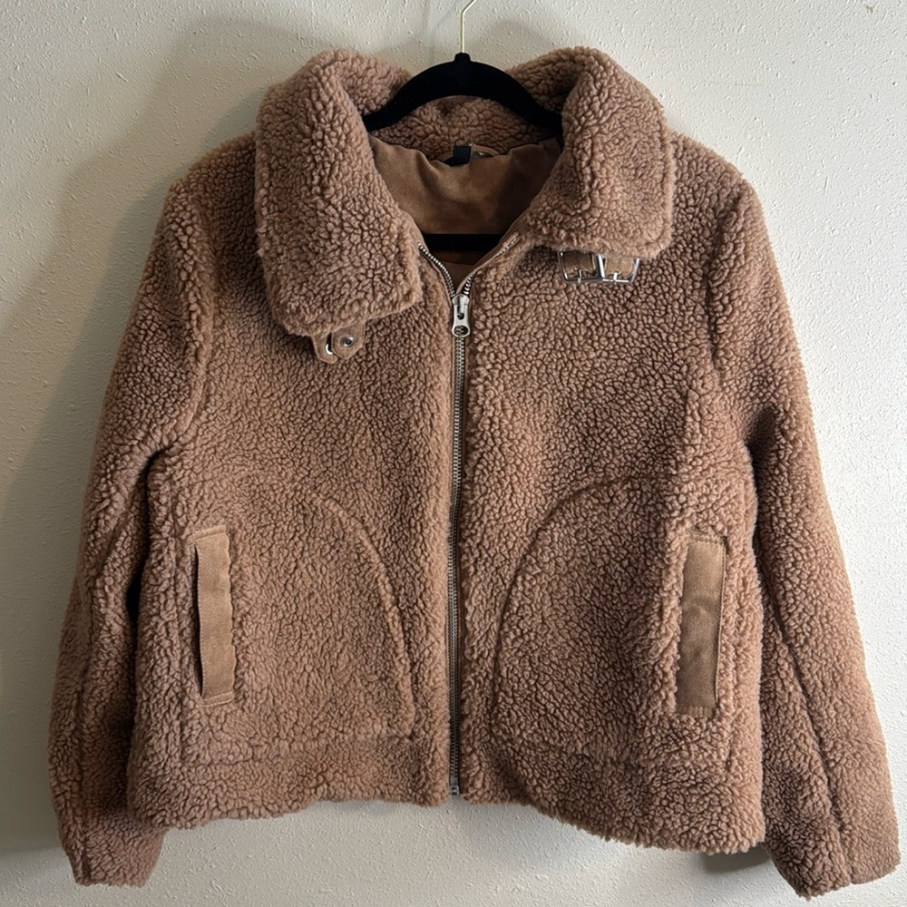 Divided by H&M Womens Beige Cropped Teddy Coat Jacket Size M